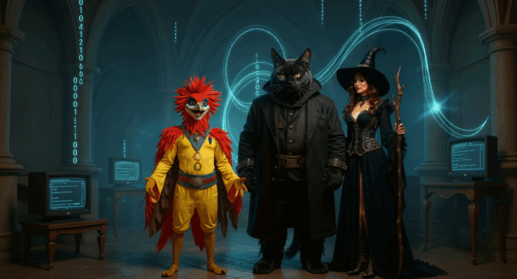 witch cat bird in castle