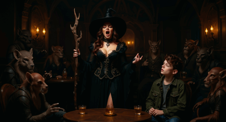 witch singing with boy